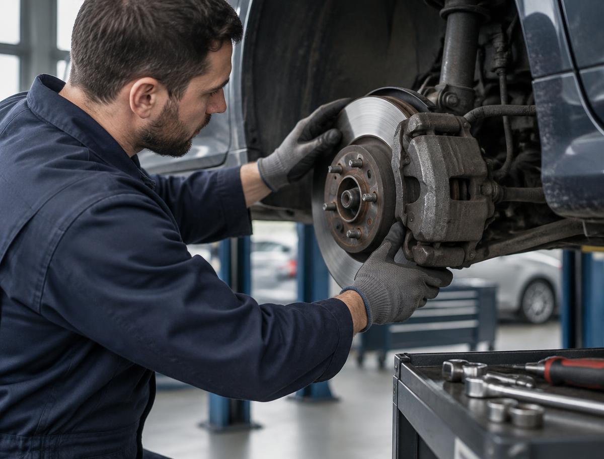 Mechanik pracuje przy hamulcach samochodu — zdjęcie ilustracyjne